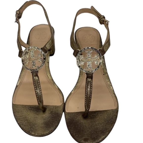 Tory Burch T-Strap Violet Platinum Gold Sz 10M Slingback Thong Heel Sandal - Picture 5 of 10